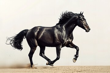 a black horse is running in the sand
