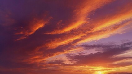 Beautiful sunset sky with orange and purple clouds. Nature background