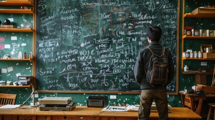 man standing in front of a blackboard with writing on it