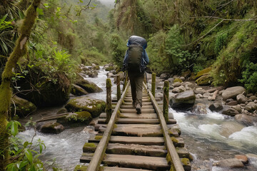 Fototapeta premium A hiker crossing a wooden bridge over a stream, symbolizing exploration