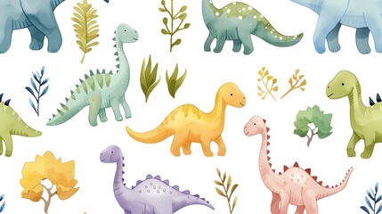 Naklejka premium Colorful Cartoon Dinosaurs and Plants Pattern for Children Nursery and Home