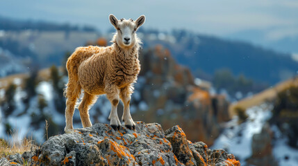 close-up goat climbing on peak of mountain