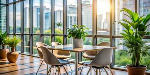 Fototapeta premium Urban Oasis A Modern Dining Room with City Views, Table, Chairs, Plant, Window, Sunlight , Modern