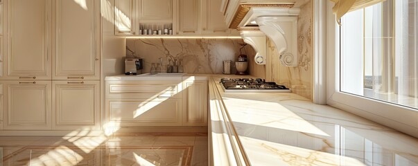 Upscale kitchen with an empty marble spice rack.