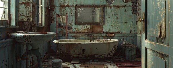 Urban bathroom with an empty frame ledge.