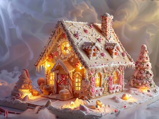 Fototapeta premium charming handcrafted gingerbread house adorned with intricate icing patterns and colorful candy decorations dusting of powdered sugar snow warm ambient lighting