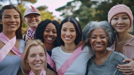 A group of women with pink ribbons standing together in solidarity, of different ages and nationalities, outdoors, 
in a bright and encouraging atmosphere that raises awareness about breast cancer.