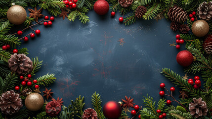 Christmas background wallpaper red blue gold pine cones branch Christmas balls stars winterberry holly