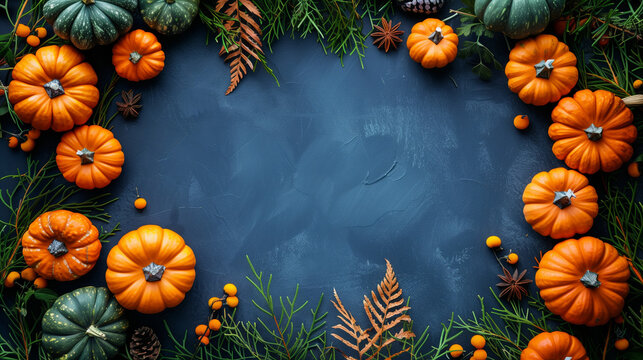 halloween autumn fall background wallpaper frame blue orange pumpkins leaves pine branches