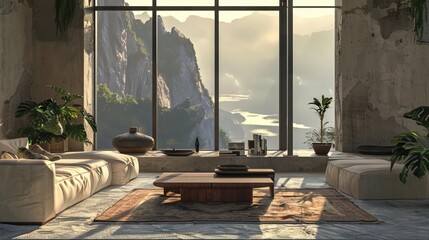 Modern living room with large windows overlooking a mountain landscape