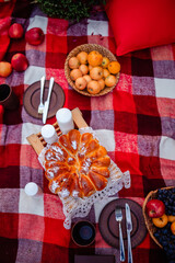 Autumn picnic on a red plaid with flowers in the forest. The photophone. The scenery for the shooting
