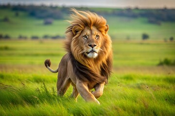 Obraz premium Majestic Male Lion Running Through African Grassland. Generative AI