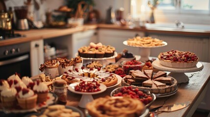 Naklejka premium A table filled with a variety of homemade desserts, cakes, cookies and pastries, a warm and cozy atmosphere in the kitchen.