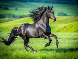 Black Horse Running Through Green Grass Field on a Sunny Day. Generative AI