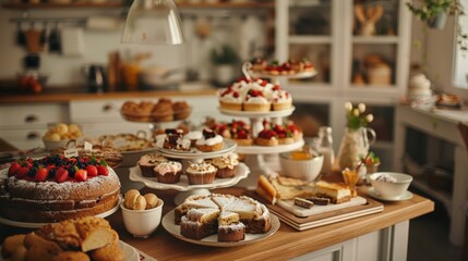 Naklejka premium A table filled with a variety of homemade desserts, cakes, cookies and pastries, a warm and cozy atmosphere in the kitchen.