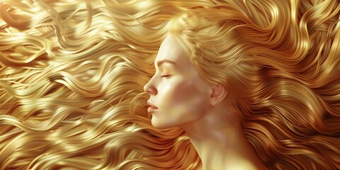 Long groomed shiny female blonde hair flowing in wind, elegant woman with flowing blond hair, banner for hair care advertisement
