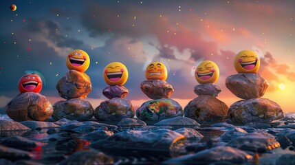 Emoji Balancing Act on a Rocky Shore at Sunset