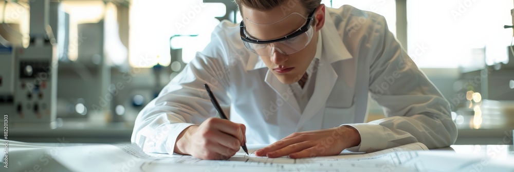 Poster young engineer focused on drawing detailed blueprints in a laboratory setting. engineering precision