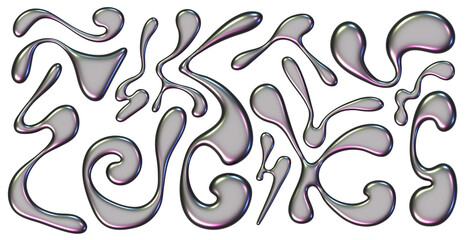 Liquid metal chrome stains. Set of drops splash. Y2k silver shapes for design and decoration.