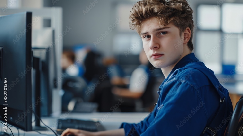 Poster Young engineer focused on complex data in a modern high-tech office. Engineering expertise and data-driven solutions.