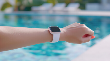 A smartwatch on a person's wrist by a poolside. Technology and lifestyle concepts.