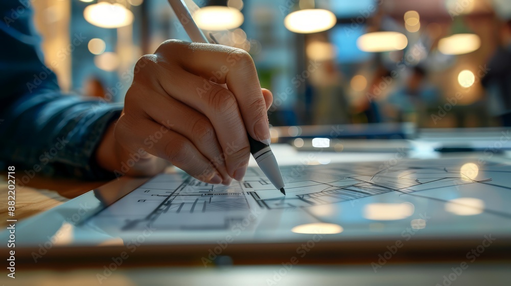 Poster close-up of hand drawing architectural plans on digital tablet. modern architectural drafting and de