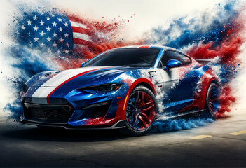 A sports car in the colors of the American flag