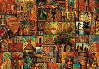Obraz premium Abstract background with African mosaic landmarks and cultural art forms in vibrant collage.