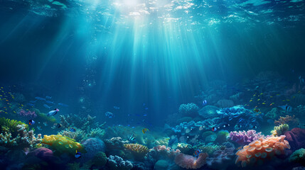 Naklejka premium Stunning underwater scene with vibrant corals and sunlight streaming through the water, creating a beautiful and colorful marine landscape.