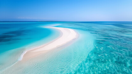 Obraz premium A stunning aerial view of a pristine sandbar in turquoise waters under a clear blue sky, depicting tropical paradise and serenity.