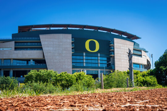 Eugene, Oregon, USA - July 14, 2022: Low angle view of facade and main entrance of Autzen Stadium against blue sky