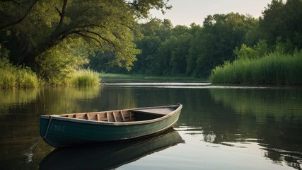 Obraz premium A solitary boat rests on a serene river surrounded by lush greenery and trees, offering a sense of tranquility and nature's beauty