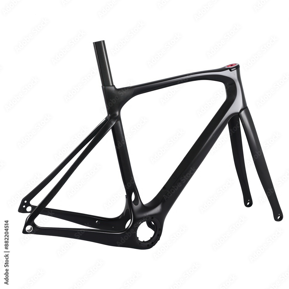 Aufkleber carbon fiber bicycle frame close-up. black bike frame features curved front and handlebars made of c