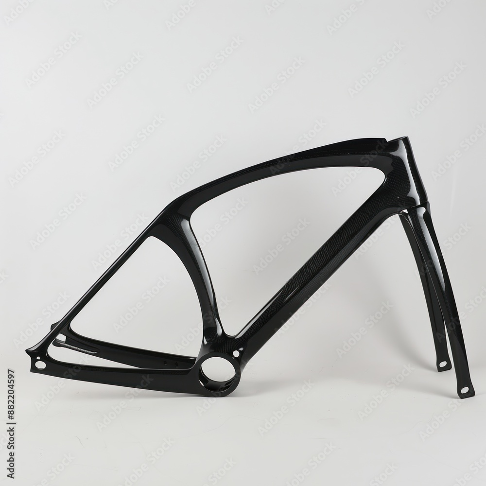 Poster Black bicycle frame stands upright on white background. Frame composed of front and rear forks with curved tops. Front fork has small hole in center. Bolts attach forks to frame.