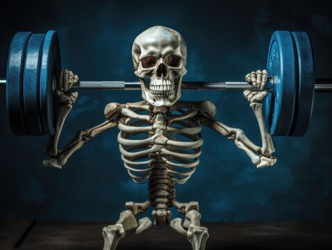 Skeleton lifting weights offers a humorous, spooky twist on fitness and strength training. Perfect for Halloween or fitness-themed projects.