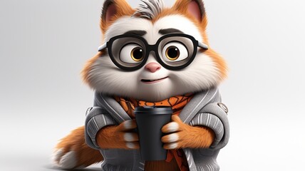Fototapeta premium Adorable animated cat character holding coffee cup, dressed in casual attire with glasses. Perfect for children's media and digital illustrations.