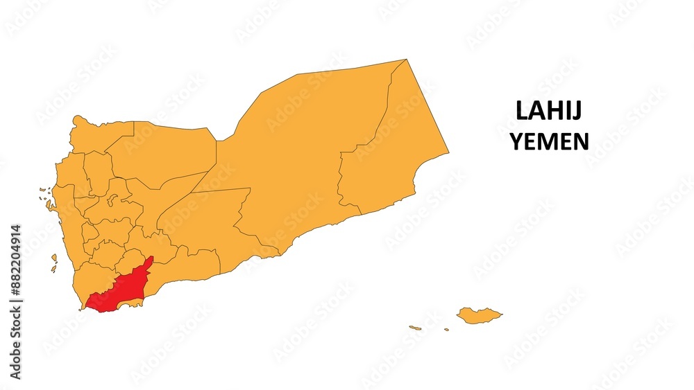 Sticker lahij map is highlighted on the yemen map with detailed state and region outlines.