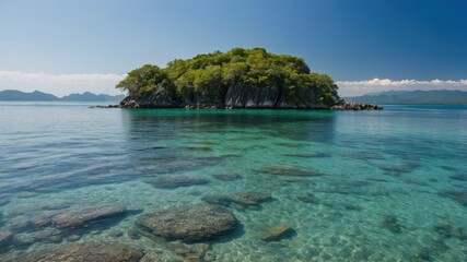 Beautiful tropical island with lush greenery surrounded by clear, turquoise waters under a blue sky, perfect for serene getaways and marine adventures