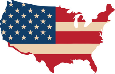 Vector illustration of waving American Flag on dark background. United States Flag with silhouette map of USA.