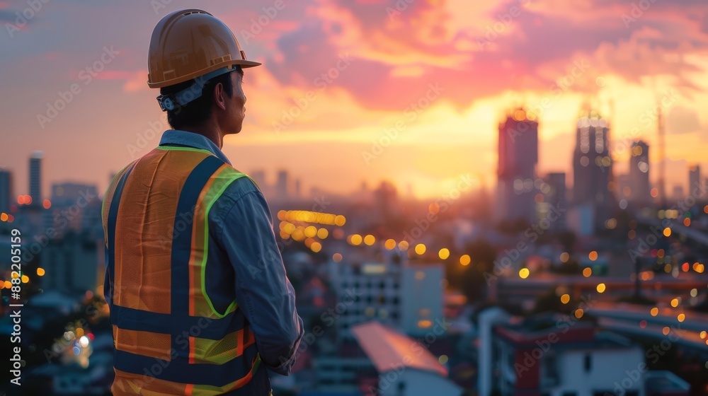 Poster asian construction worker in a hard hat and reflective vest observing a cityscape at twilight. infra
