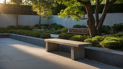 A tranquil outdoor park scene with modern concrete bench, lush greenery, and warm sunlight, perfect for relaxation and reflection