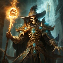 Fototapeta premium Fantasy skeleton wizard wielding a magical skull staff in a dark, mystical cave. Surrounded by glowing blue crystals and eerie atmosphere.