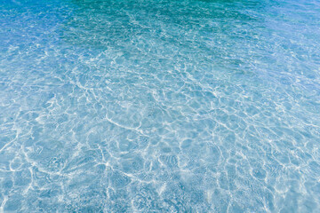 Blue water with ripples on the surface. Defocus blurred transparent blue colored clear calm water surface texture with splashes and bubbles. Water waves with shining pattern texture background.