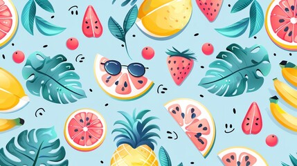 a pattern of fruit and leaves on a blue background