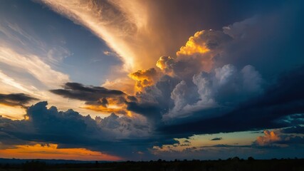 Dramatic clouds during sunset create a beautiful and vibrant landscape, perfect for nature themed concepts or serene evening outdoor events