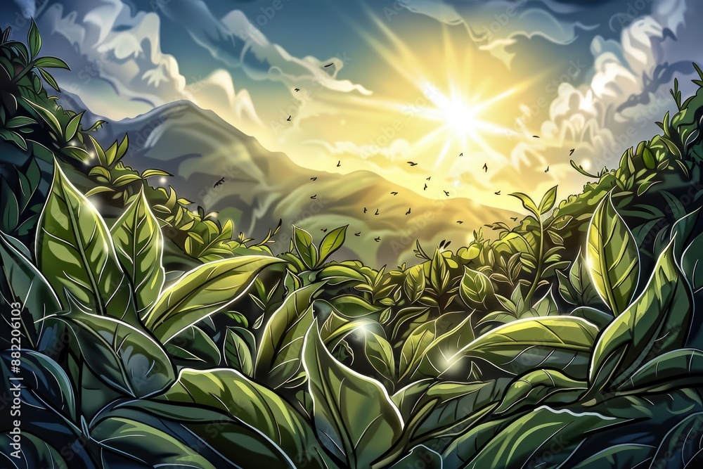 Wall mural Lush green tea leaves under the warm sunlight in a scenic landscape