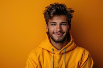 Obraz premium Young Man in Yellow Hoodie Showing Thumbs Up Over Isolated Background with Copy Space, Cheerful Positive Person Smiling and Looking at Camera, Young Adult Male Model Posing on Orange Studio Background