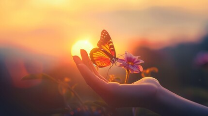 a butterfly sitting on a flower in a person's hand at sunset