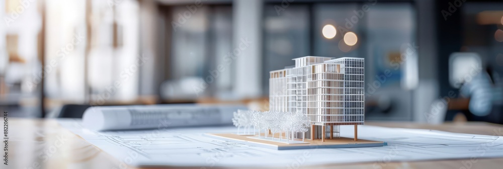 Poster architectural model of a modern building on a desk with blueprints in a contemporary office. design 