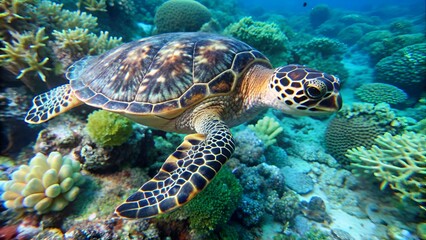 Vertical video, Top view of Hawksbill Se Turtle or Biss (Eretmochelys imbricata) swims slowly at depth over coral reef, slow motion